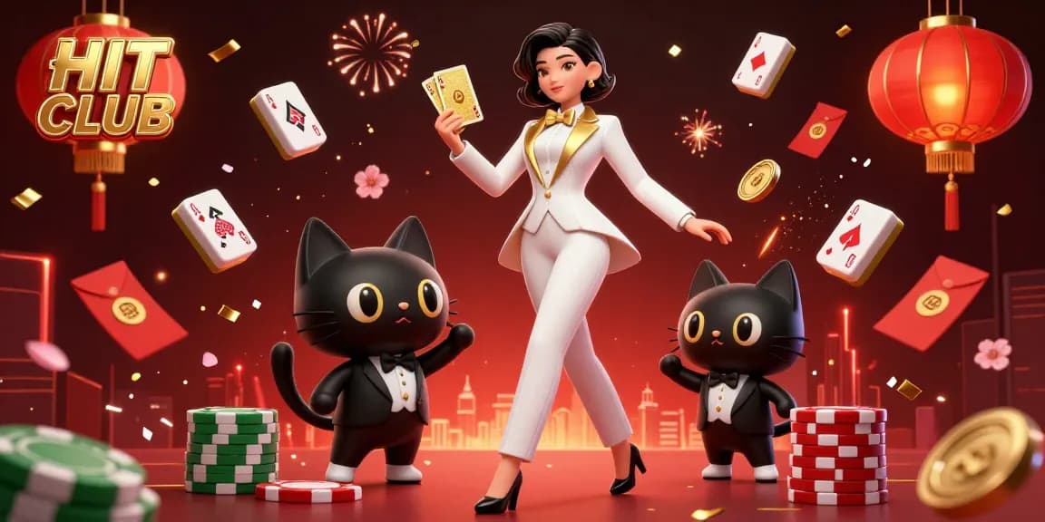 HIT CLUB casino scene with a glamorous dealer shuffling cards beside a tuxedo cat amidst floating game elements.