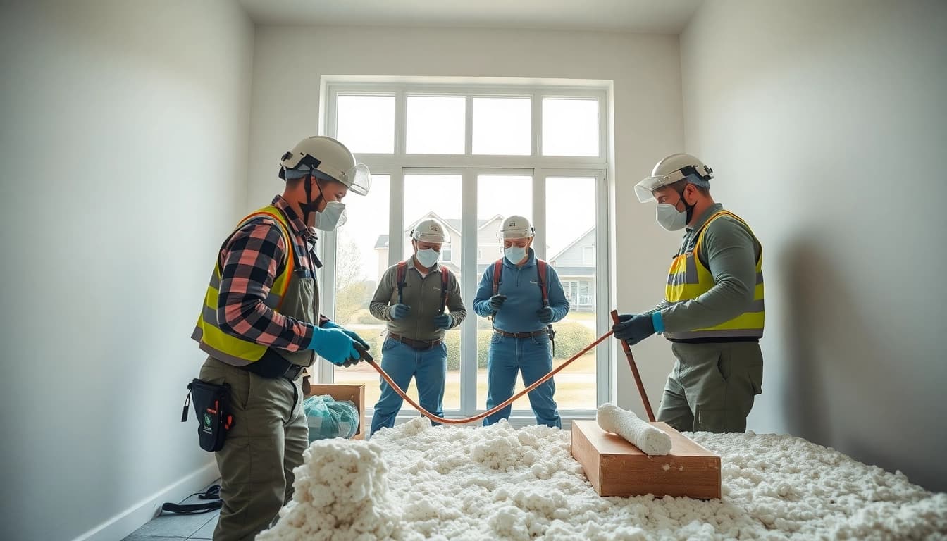 Performing spray foam removal West Sussex with experts demonstrating safe techniques in an indoor job.