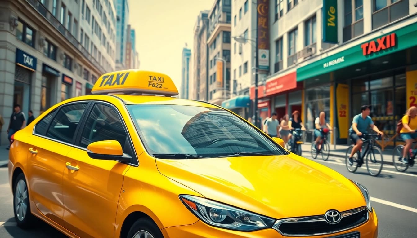 Taxi navigating a busy urban street filled with people and vibrant storefronts.