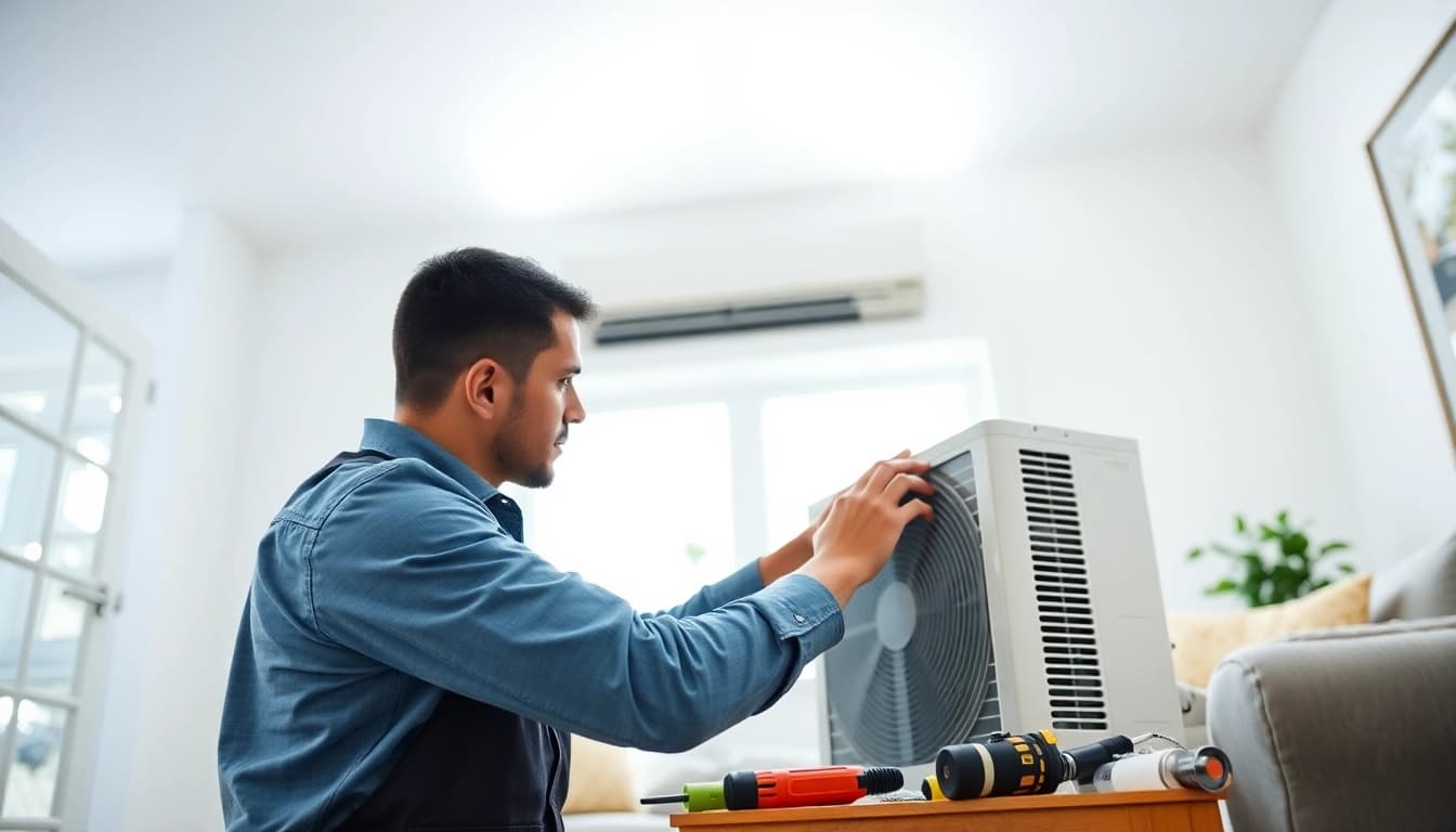 AC Repair Tampa technician fixing a unit in a bright living room.