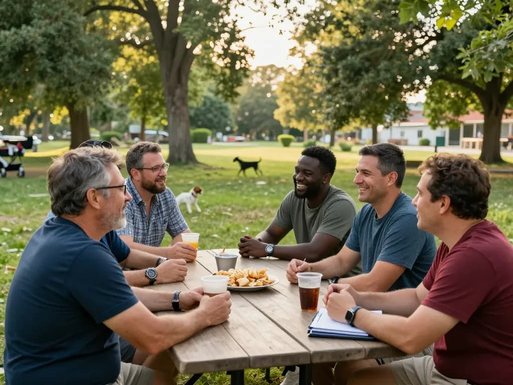 Men engaging in supportive conversations at a park during a manclub meetup, fostering community and friendship.