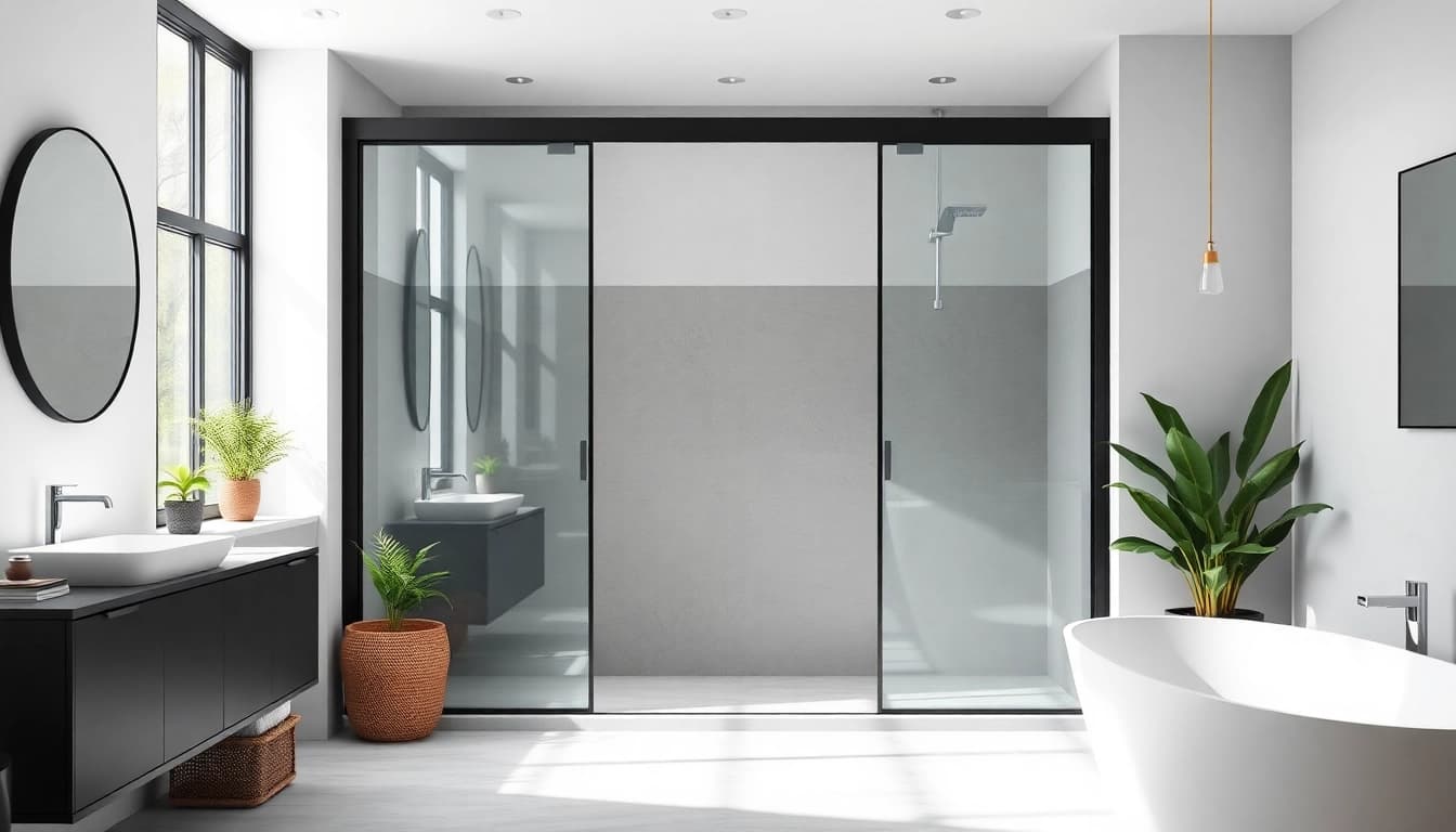 Showcasing black frame shower doors in a modern, sleek bathroom setting with natural lighting.