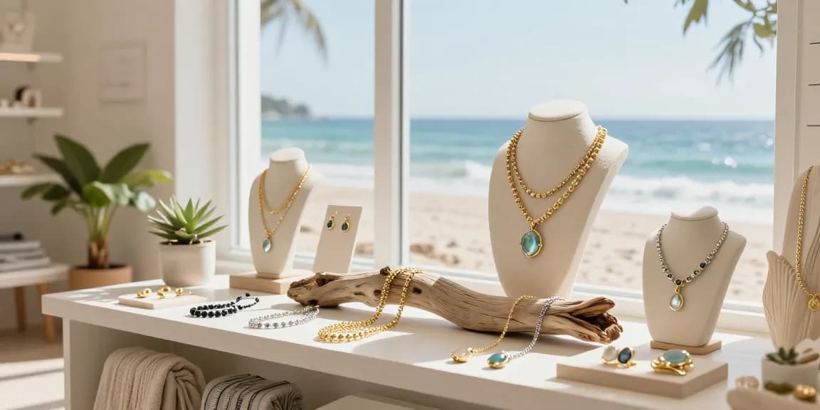 Showcasing ethical jewellery london in a serene coastal jewelry boutique with natural elements and artisanal craftsmanship.