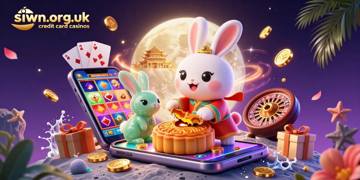 Engage with siwn.org.uk credit card casinos where playful moon rabbits celebrate with poker chips amidst vibrant casino elements.