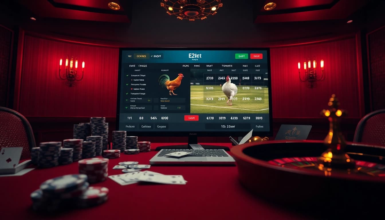 Betting on đá gà e2bet with a lively online interface showcasing casino elements and engaging visuals.