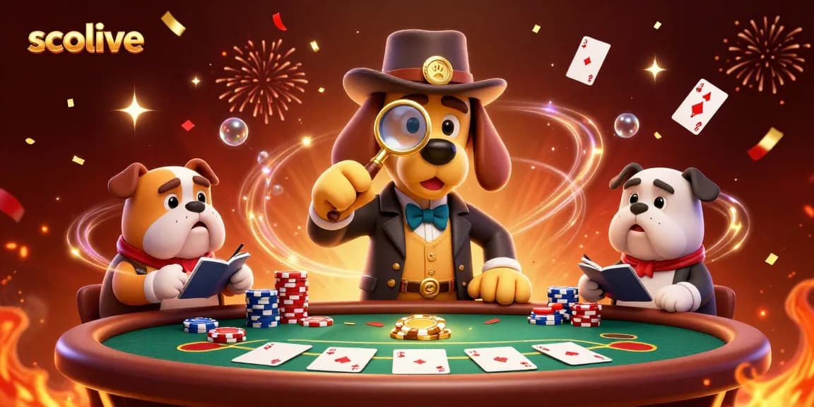 Socolive poker scene with a detective examining a golden chip, capturing the thrill of high-stakes gaming.