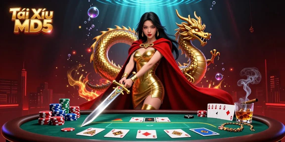 Tài Xỉu MD5 engaging in epic casino action with poker elements and a warrior queen surrounded by vibrant 3D details.