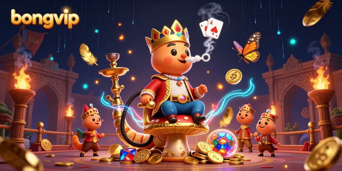 Bongvip engages players with a 3D cartoon scene showcasing dynamic poker action amidst vibrant casino visuals.