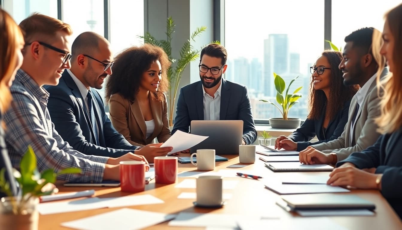 Discussing grants in a modern office setting with diverse individuals and engaging documents.