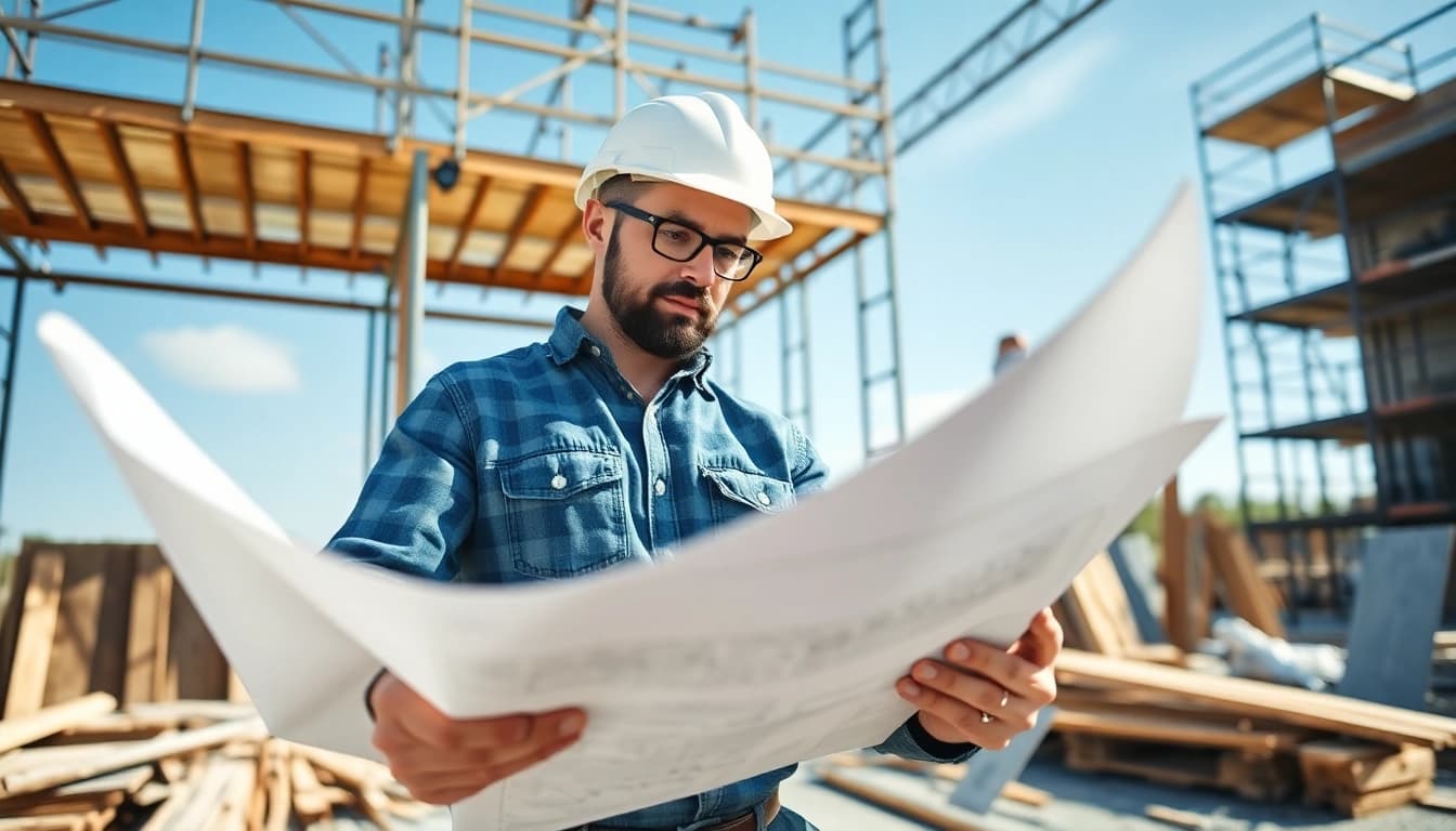 New York General Contractor reviewing construction plans at a busy site.