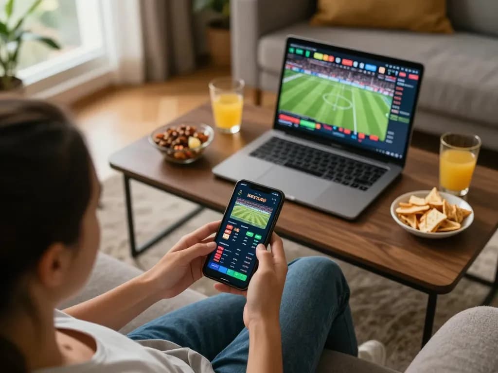 Engaging in online sports betting with https://ok904.com/ in a cozy home setting, smartphone displaying live betting.