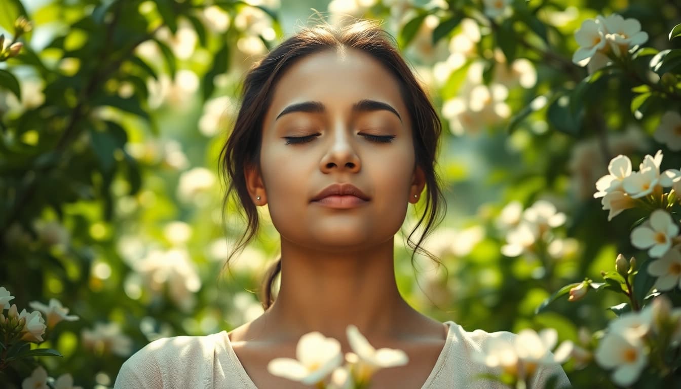 Meditation scene promoting mental wellness in a tranquil garden setting.