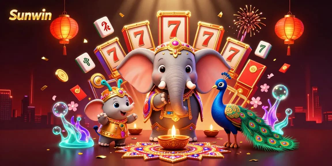 Sunwin players enjoying vibrant slot games amidst festive celebrations and colorful elements