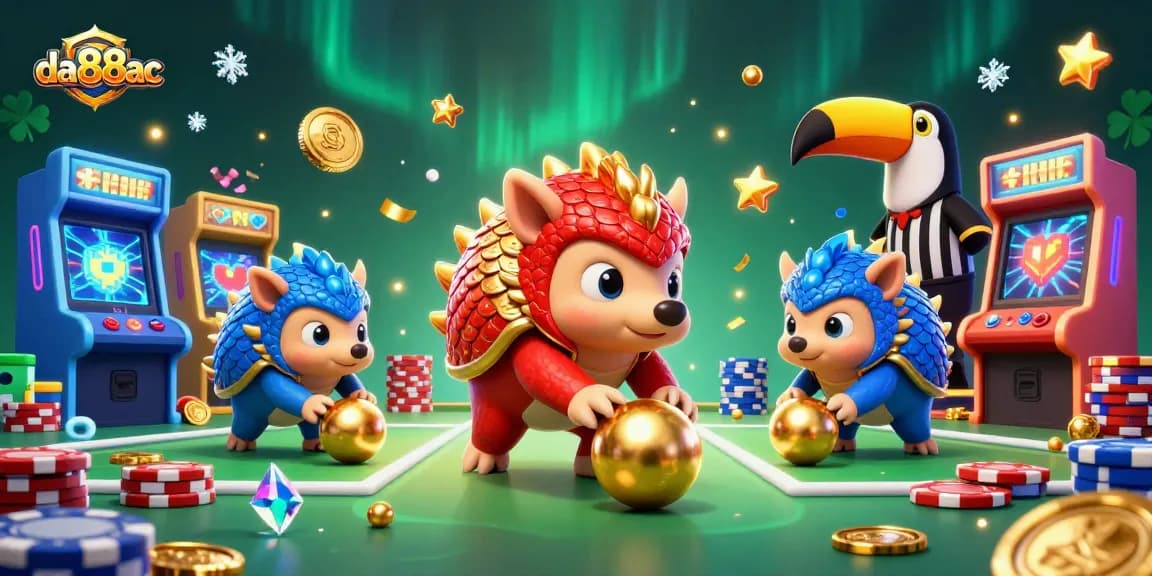 Engage with da88ac's vibrant gaming scene featuring rival pangolins and colorful casino elements.