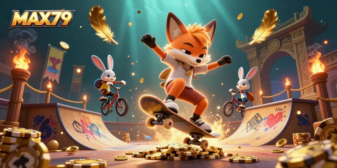 Experience thrilling gameplay at MAX79 with dynamic casino-themed 3D illustration featuring vibrant characters and exciting elements.
