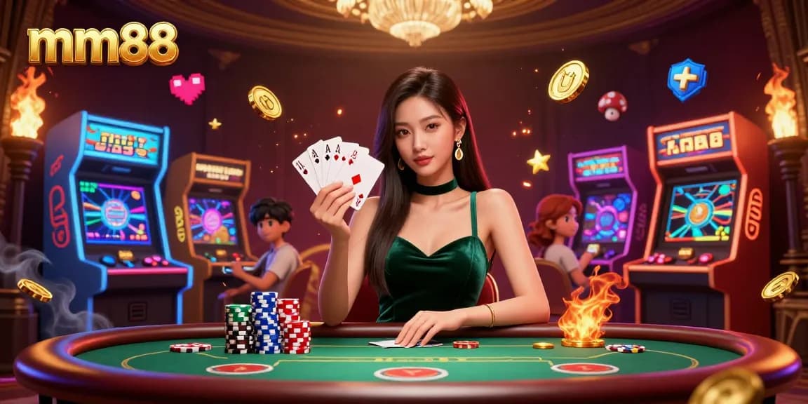 Exciting mm88 poker scene with a skilled player holding cards at a luxury table surrounded by vibrant gaming elements.