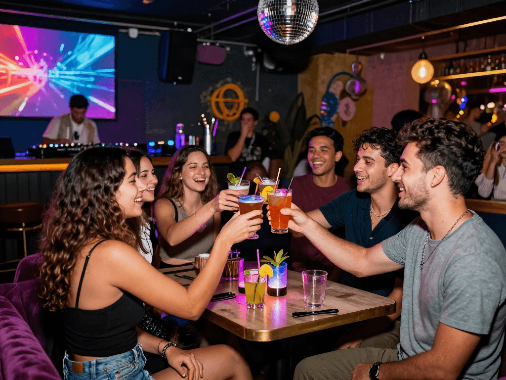 NSFW nightlife scene of stylish partygoers enjoying drinks and music in a trendy urban bar.