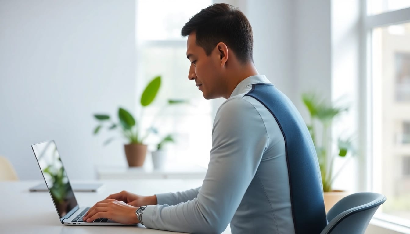 Improve alignment while using a posture garment at a home office desk.