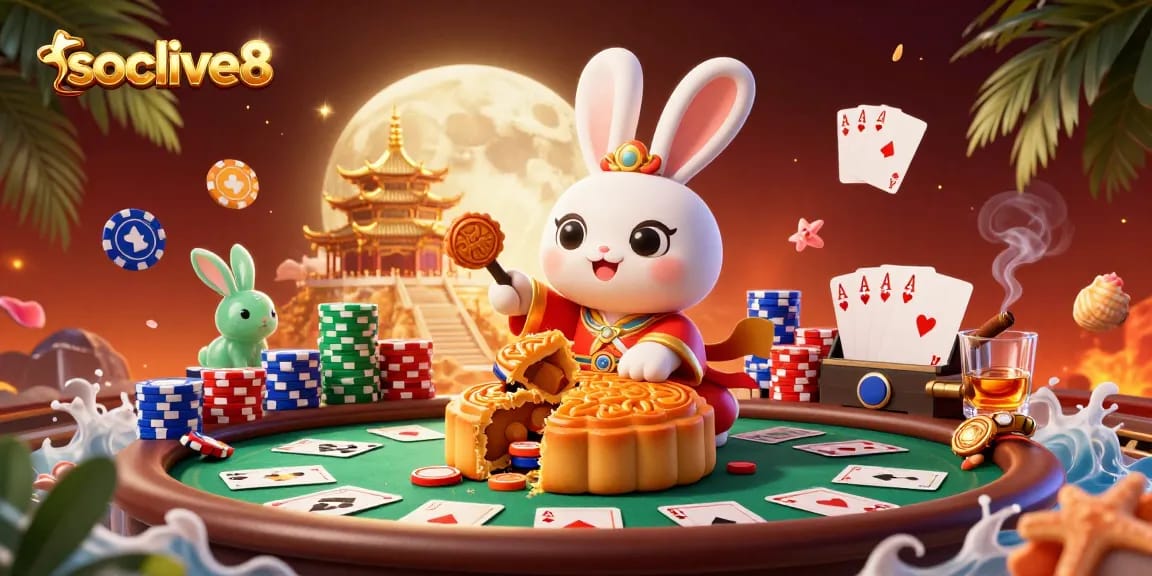 Socolive8 brings excitement with a moon rabbit pounding mooncakes revealing poker chips, set in a lush casino atmosphere.