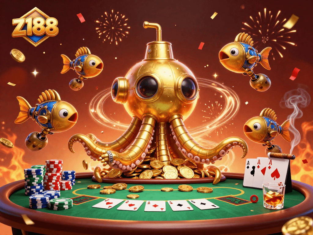 Experience thrilling gaming action with z188's golden kraken submarine amidst poker excitement and celebrations.