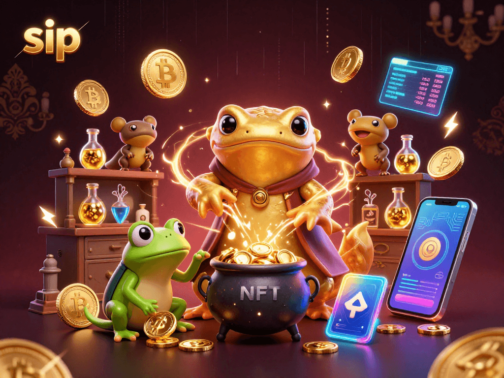Engage with sip's dynamic crypto-themed casino scene featuring vibrant 3D characters and elements.