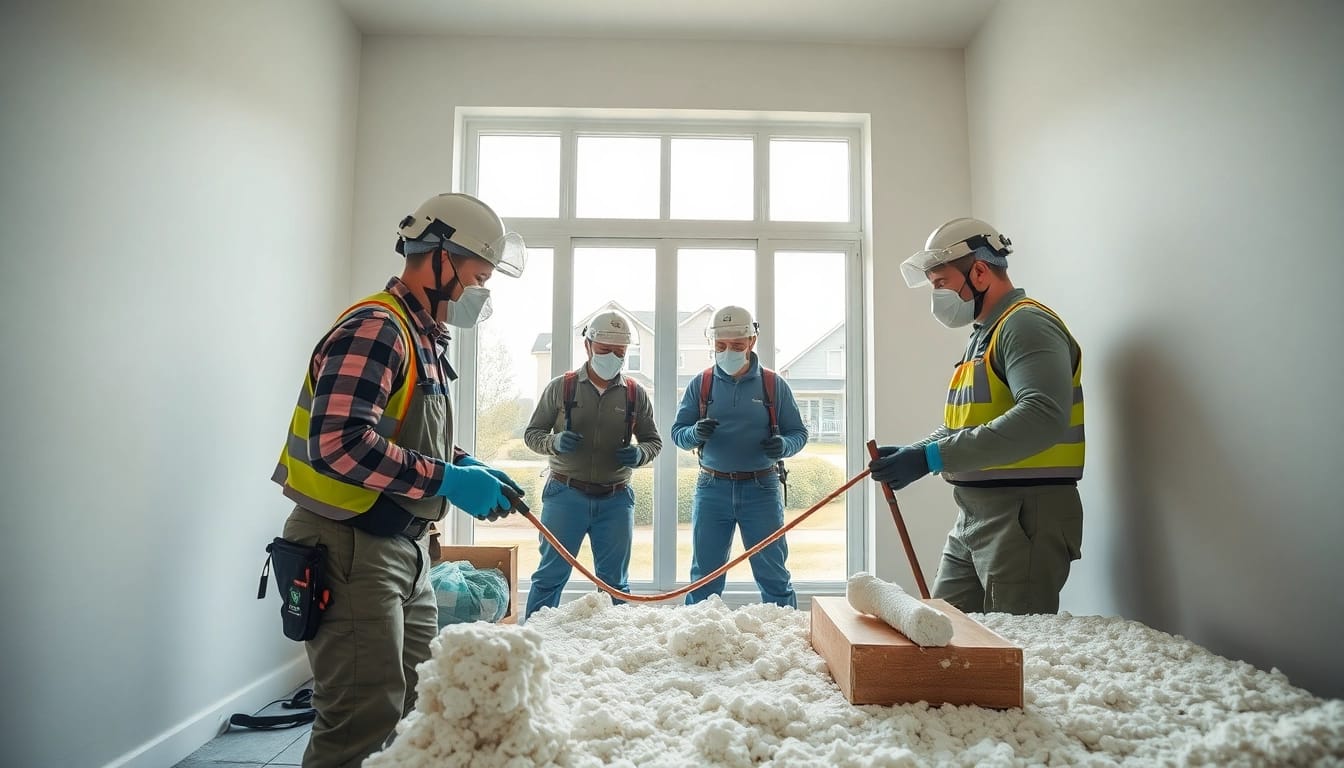 Performing spray foam removal West Sussex with experts demonstrating safe techniques in an indoor job.
