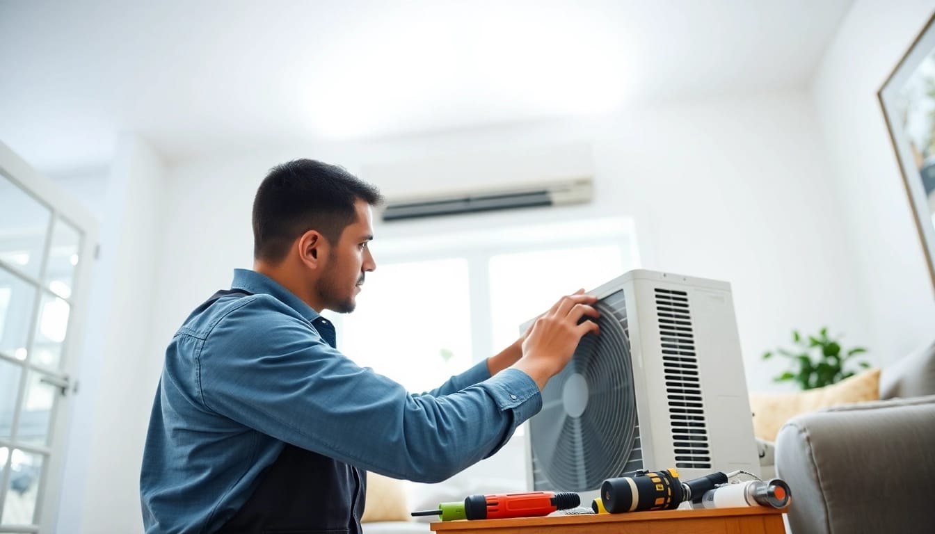 AC Repair Tampa technician fixing a unit in a bright living room.