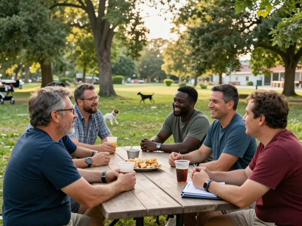Men engaging in supportive conversations at a park during a manclub meetup, fostering community and friendship.