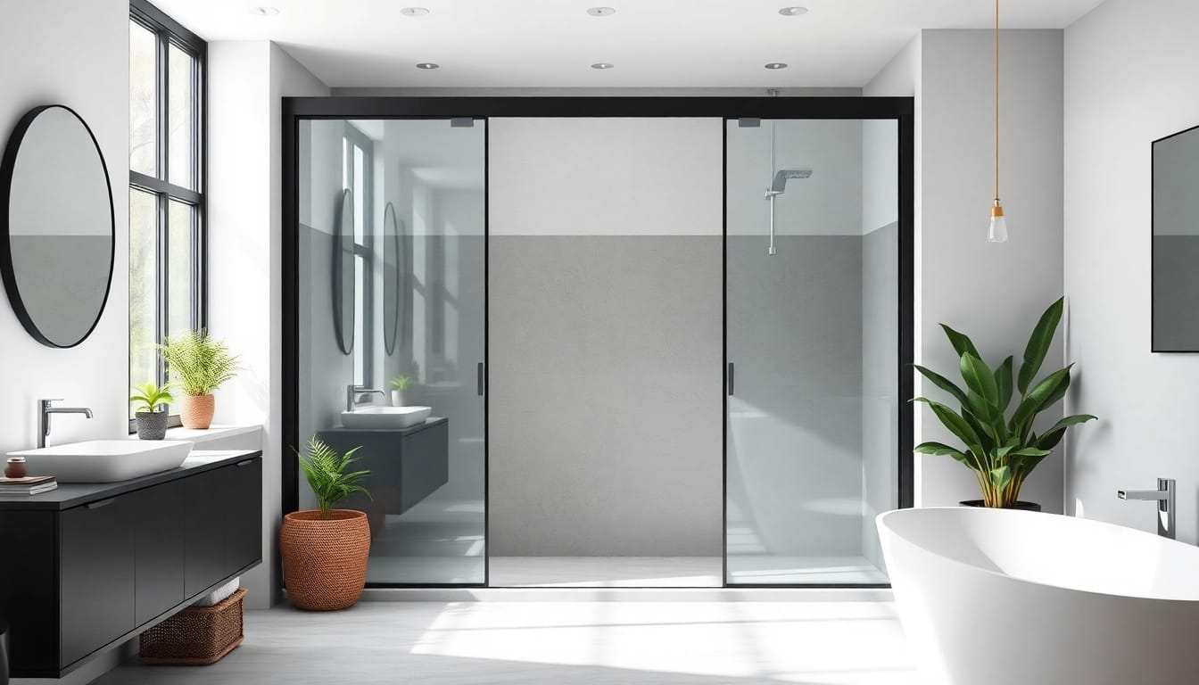 Showcasing black frame shower doors in a modern, sleek bathroom setting with natural lighting.