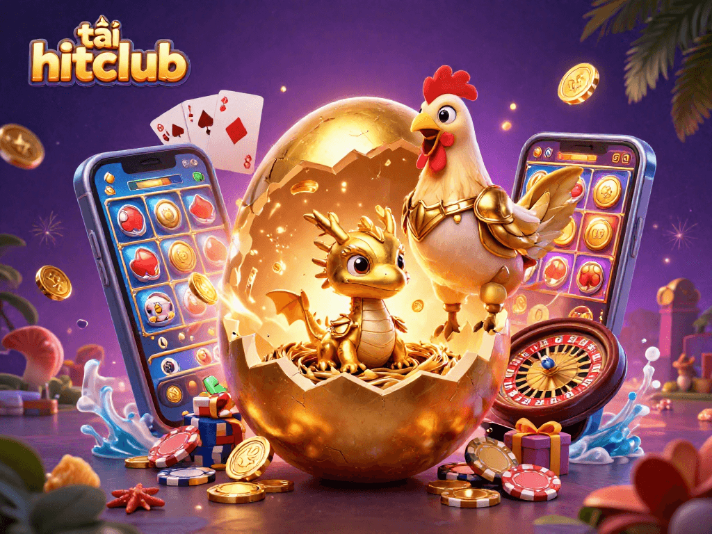 Engage in thrilling gaming with tải hitclub, featuring a golden baby dragon and poker chips.