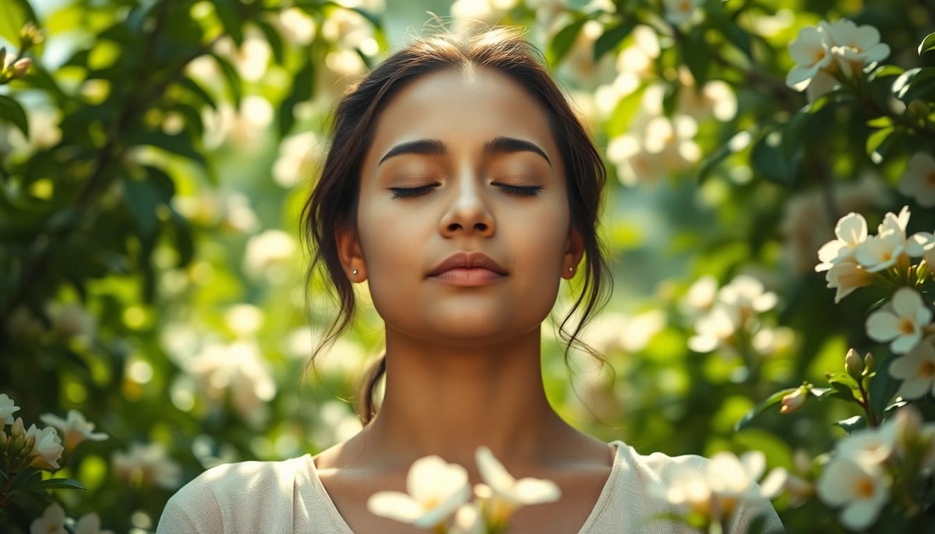 Meditation scene promoting mental wellness in a tranquil garden setting.