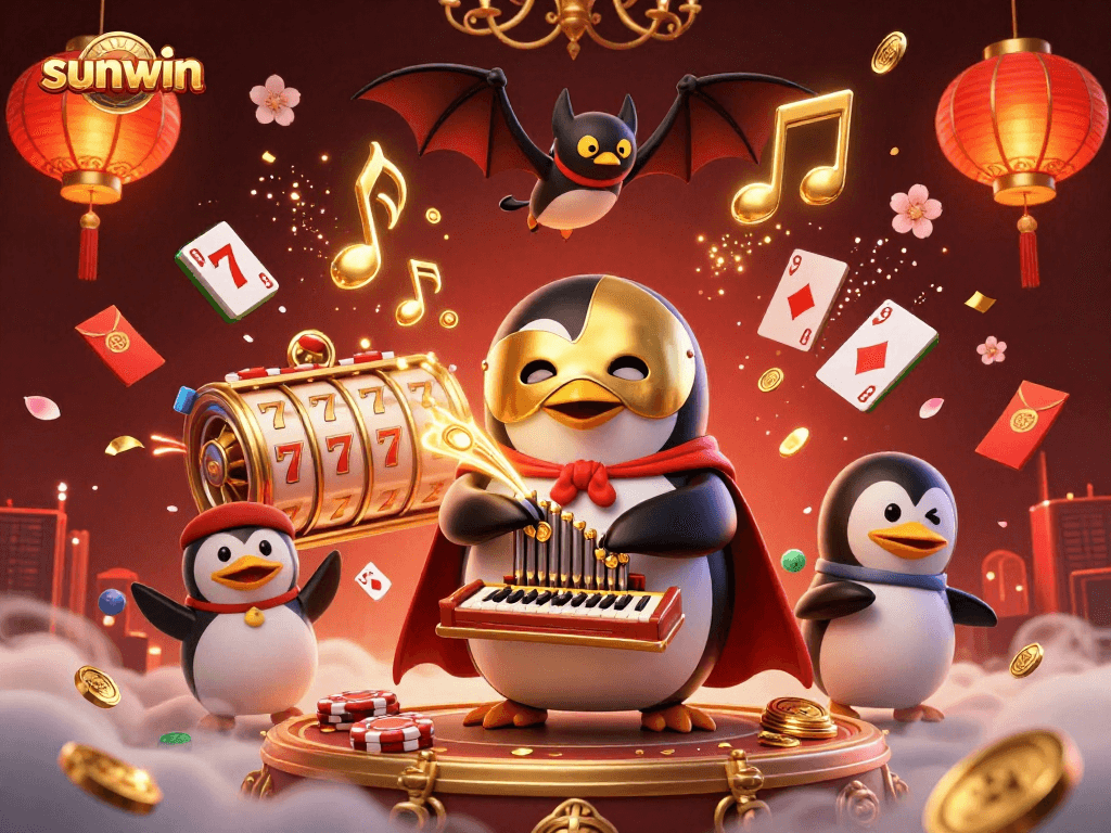 sunwin showcases a thrilling casino scene with a penguin organist and vibrant slot reels.