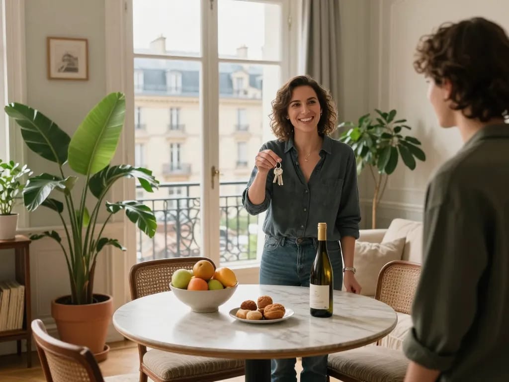 Conciergerie Airbnb Paris welcoming scene with host in elegant apartment showcasing inviting atmosphere for guests.