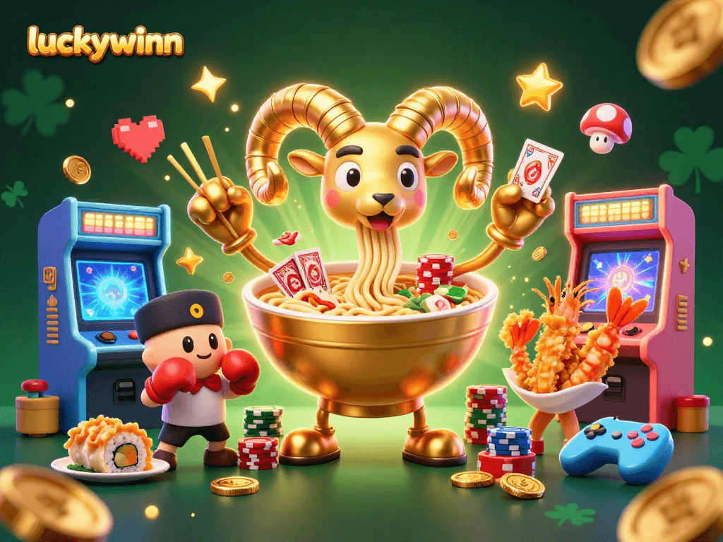 Join luckywinn at the ultimate casino adventure with cartoon characters engaging in spirited card games and vibrant action.