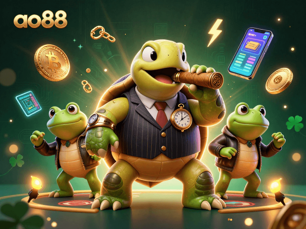 Experience thrilling gameplay with ao88's vibrant casino atmosphere featuring a distinct snapping turtle and bullfrog enforcers.