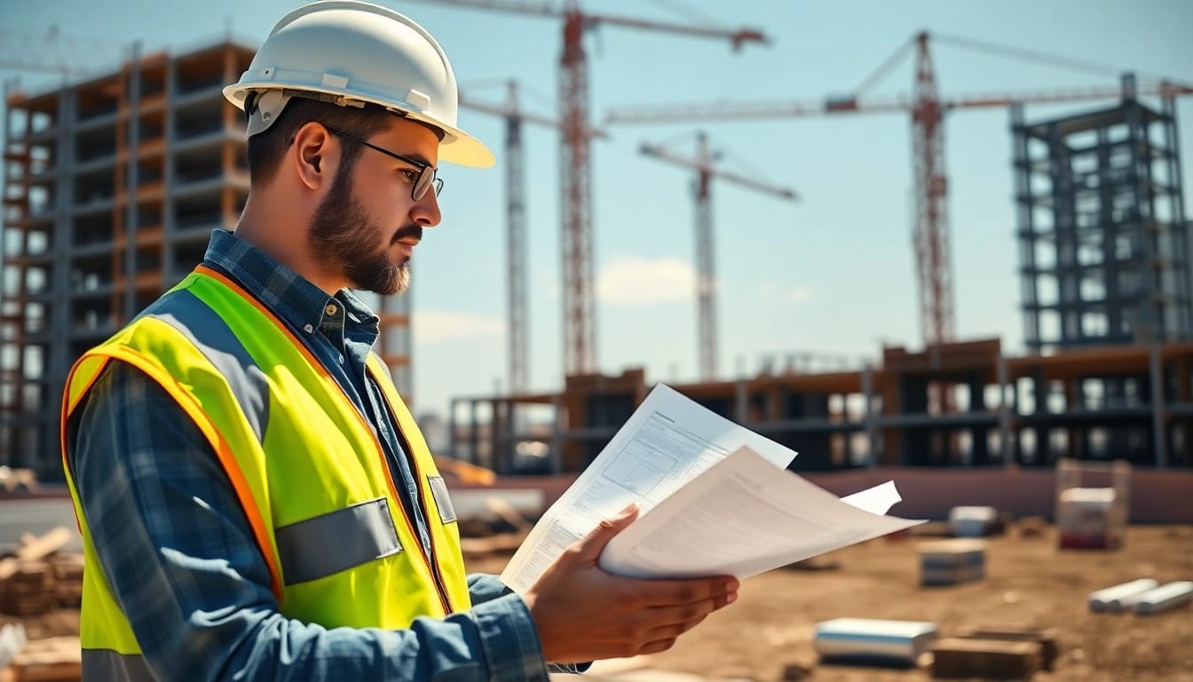 Manhattan General Contractor actively reviewing blueprints at a bustling construction site.