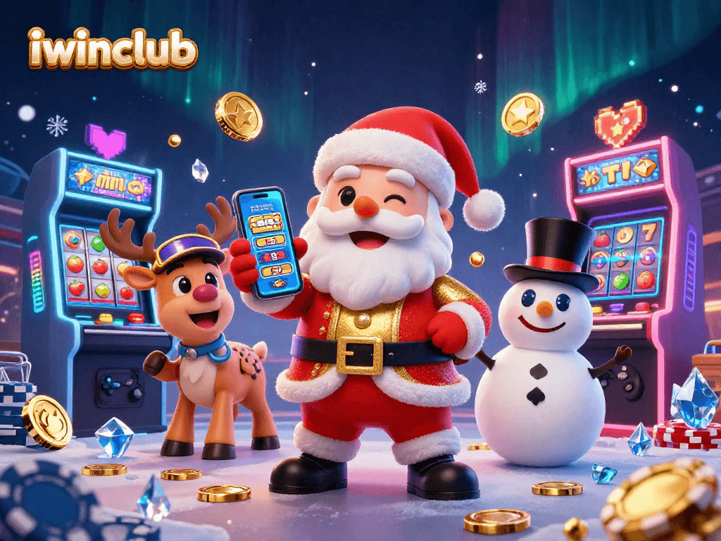 Celebrate winnings at iwinclub with Santa and friends in a vibrant casino scene!