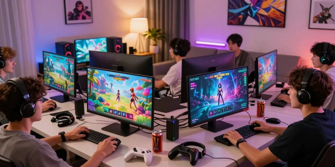 Players enjoying sex games online in a vibrant gaming setup with colorful graphics and cozy atmosphere.