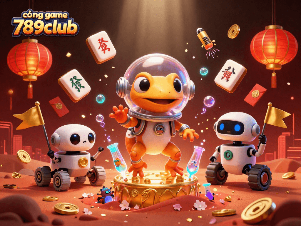 Engage with the vibrant world of cổng game 789club, featuring dynamic 3D casino elements and colorful characters.