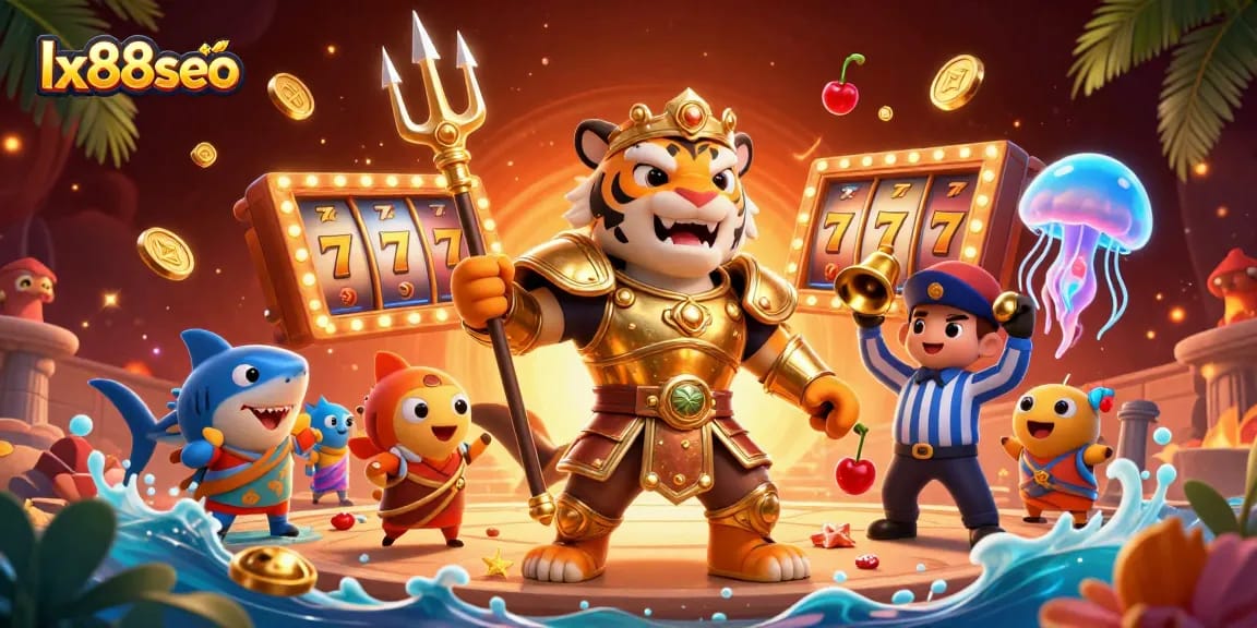 Experience thrilling gameplay with LX88SEO, where a golden gladiator shark wields a trident in an exciting underwater casino scene.