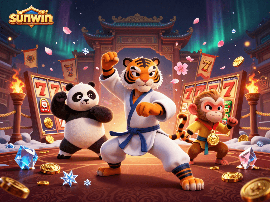 Engaging scene featuring sunwin with a kung fu tiger master and panda disciple surrounded by slot graphics.