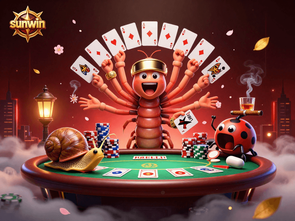 Experience the thrilling sunwin poker night with millipede dealer and high-roller characters!
