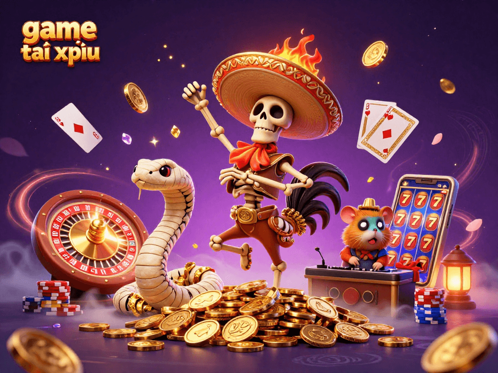 Experience the excitement of game tài xỉu with vibrant characters dancing on golden coins.