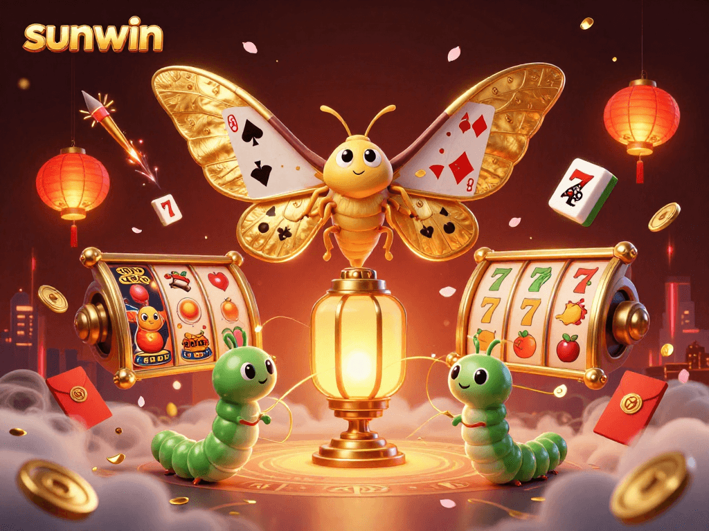 Experience the thrill of sunwin's slot action with vibrant golden moths and festive casino scenes.