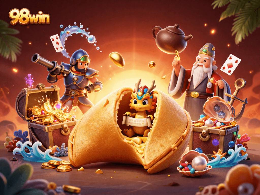 Engage with thrilling moments at 98win with a dynamic gaming scene featuring golden treasures and casino elements.