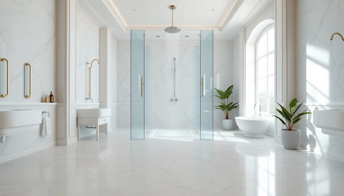 Experience elegant showers in a luxurious bathroom featuring a sleek glass enclosure and rainfall showerhead.