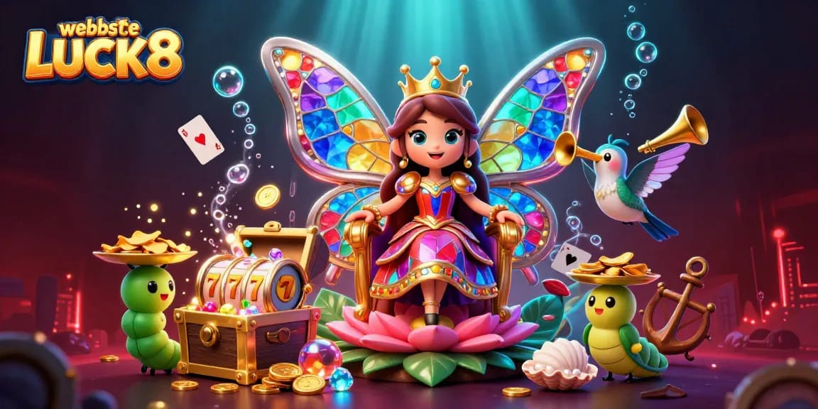 Play thrilling games and win at the website LUCK8, featuring an enchanting butterfly queen and vibrant elements.