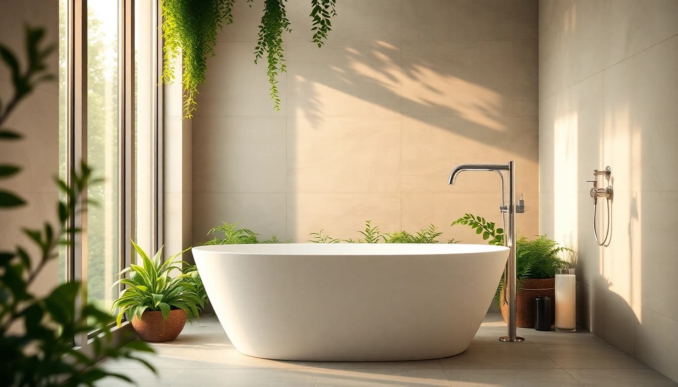 Experience elegant showers in a peaceful bathroom oasis with modern design elements and natural light.