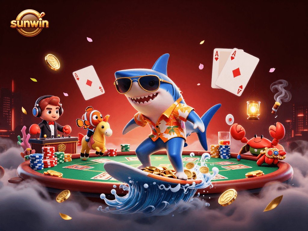 Surf victorious with sunwin, as a shark and friends immerse in poker excitement.