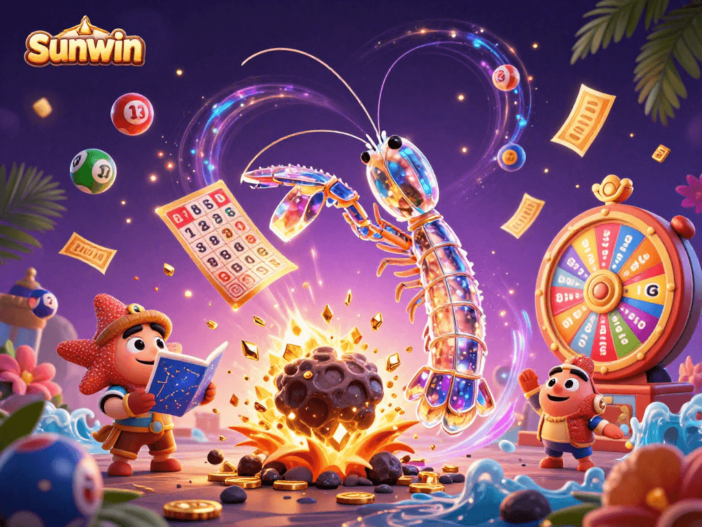 sunwin casino showcases a galactic samurai mantis shrimp winning with golden gems and lottery balls